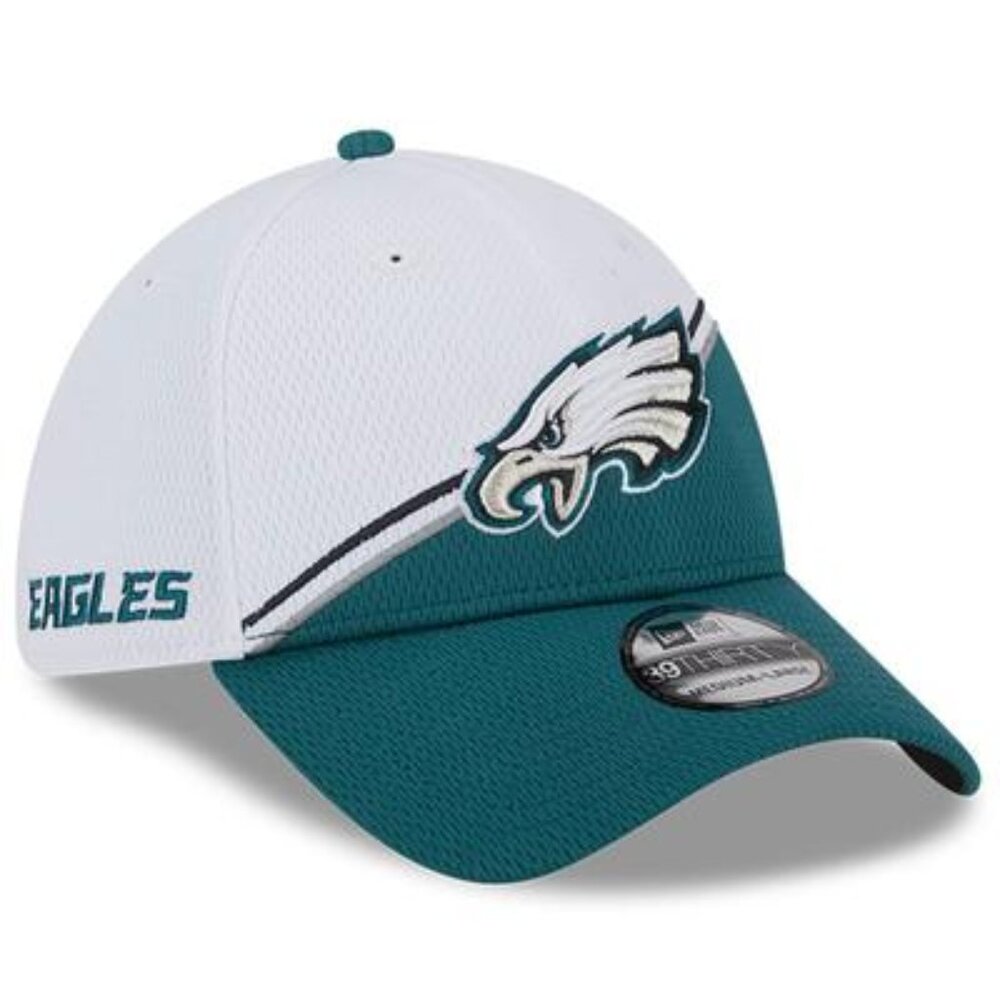 New Era 39 THIRTY White/Midnight Green 2023 Eagles Sideline Adjustable Hat NWT